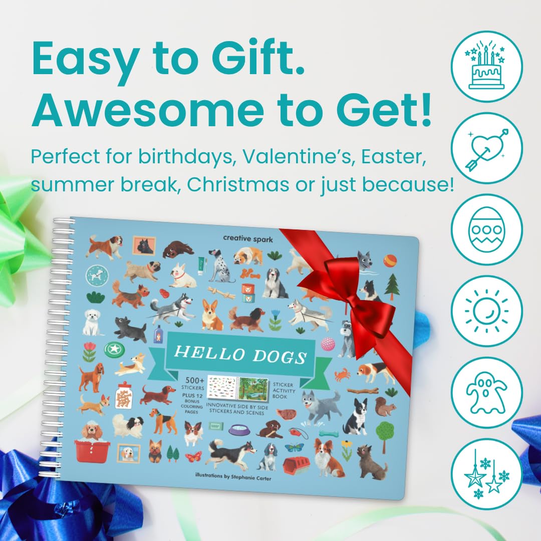 CUPKIN Hello Dogs sticker book for kids with dog stickers, coloring pages, and travel scenes for children aged 2-8.