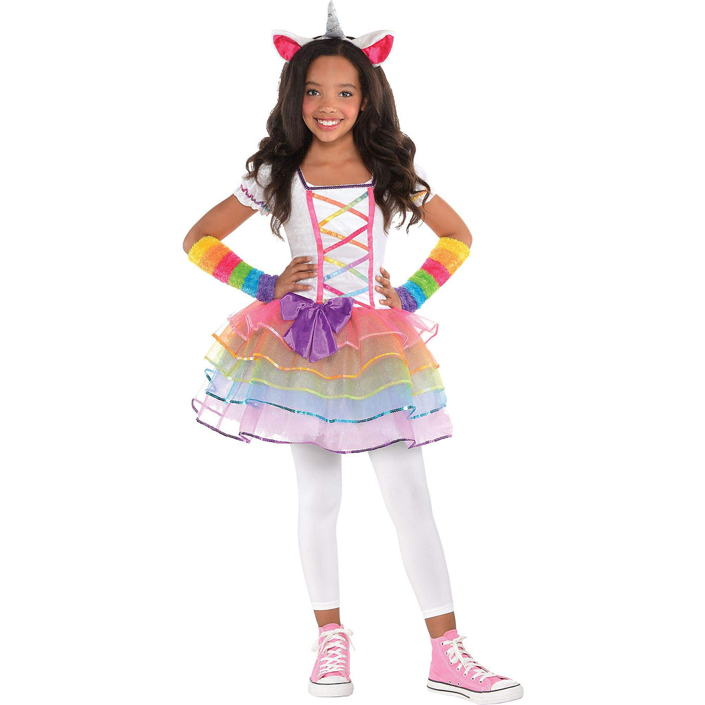 Amscan Rainbow Unicorn Costume for Girls, Size 4-6 – Dress, Headband & Warmers Set
