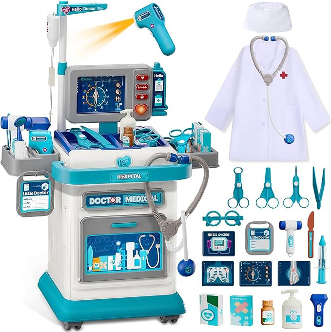 Doctor Kit for Toddlers 3-5, Pretend Doctors Play Set with Cart, Costume and Stethoscope for Kids Aged 3 4 5, Role Play Medical Toys for Girls Boys, Christmas Birthday Educational Gift for Toddler