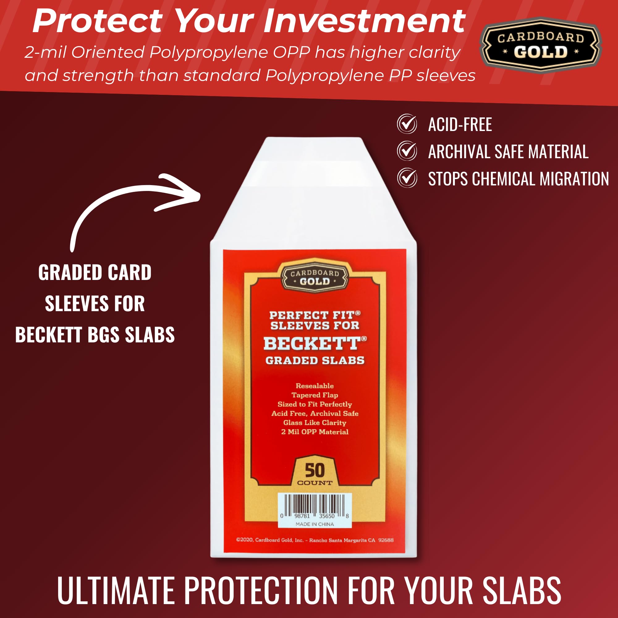 Cardboard Gold BGS Graded Card Sleeves | 50 Crystal Clear Resealable Slab Protectors – Precision Cut for Beckett Slabs