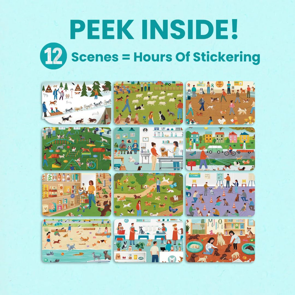 CUPKIN Hello Dogs sticker book for kids showing colorful dog stickers, coloring pages, and travel scene illustrations for children aged 2-8.