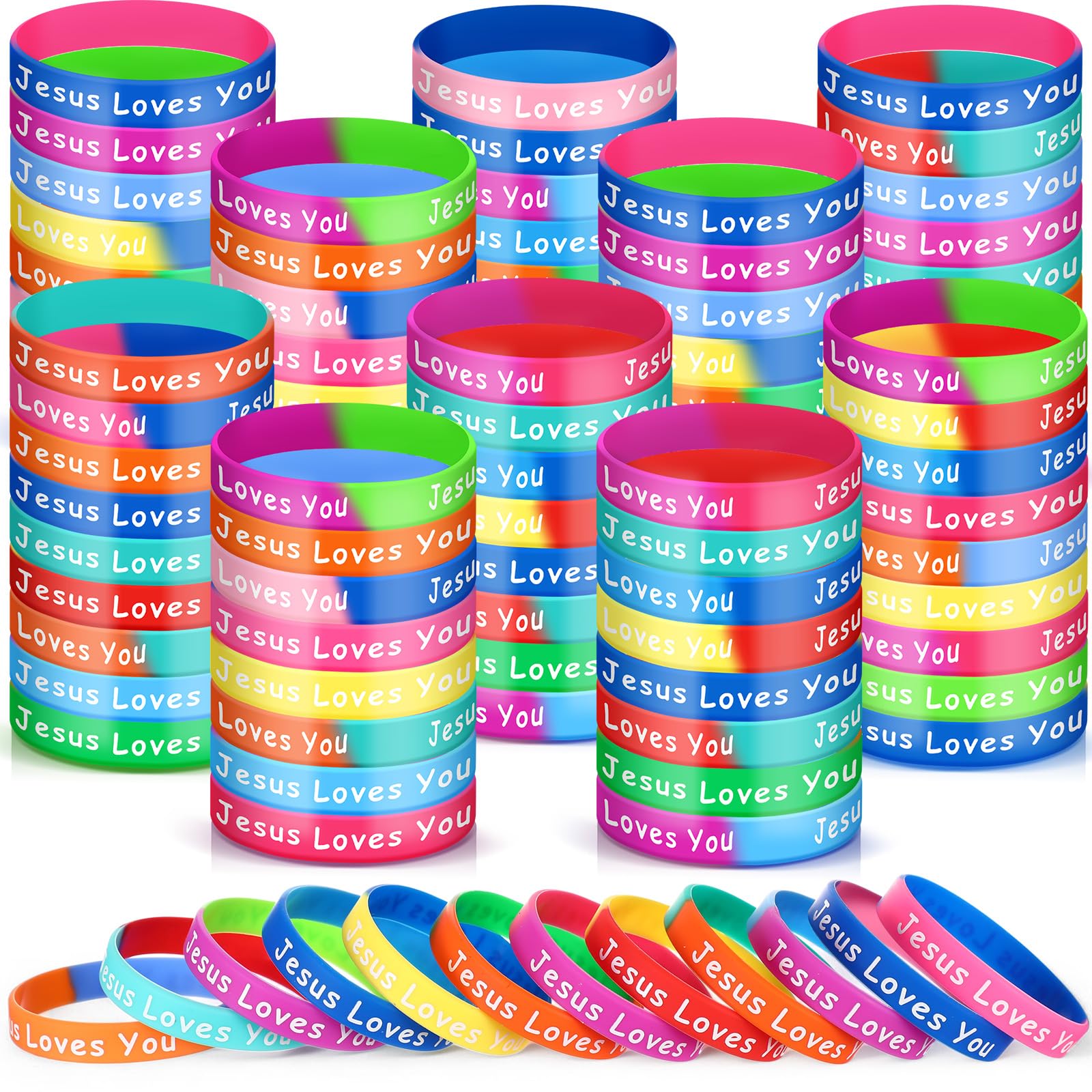 72 Jesus Loves You Silicone Wristbands - 12 Two-Color Styles, Mixed Colors, Christian Inspirational Bracelets for Men Women Teens