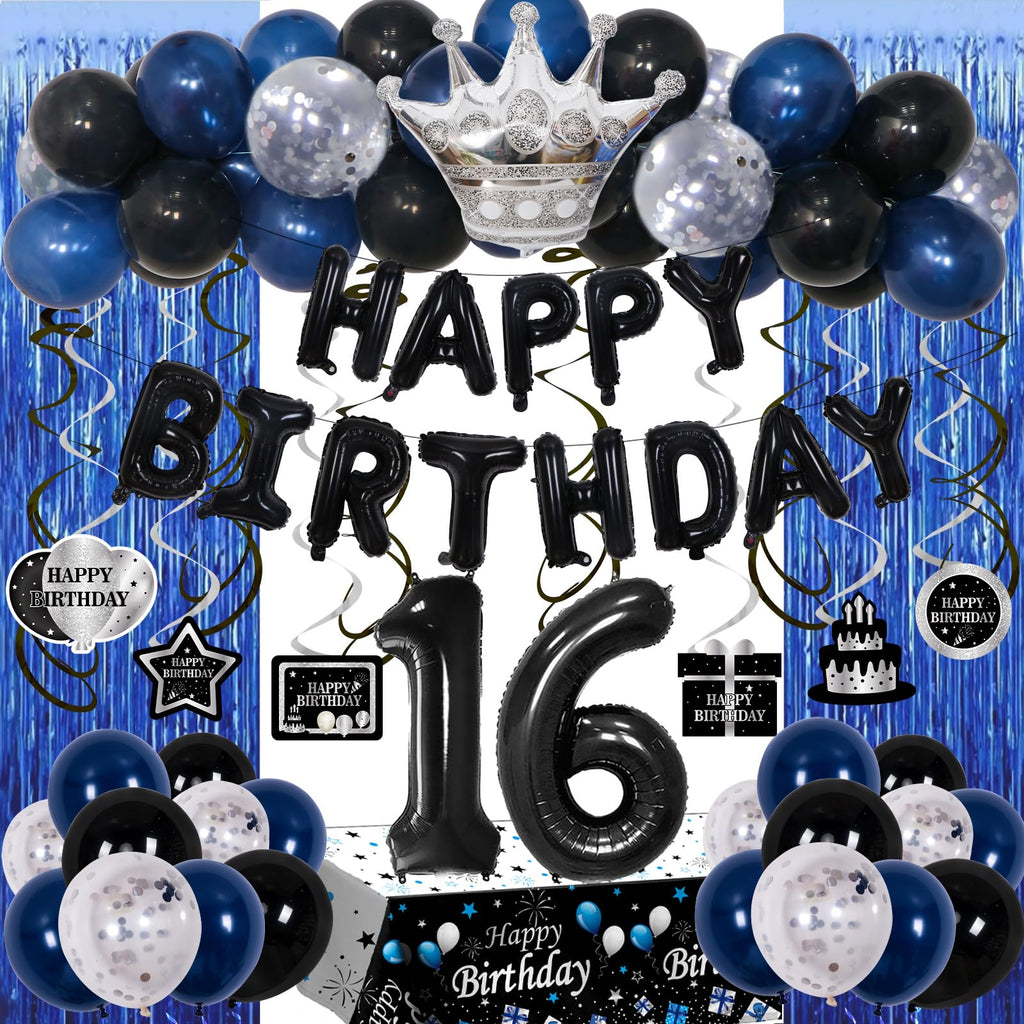73-Piece Blue & Black 16th Birthday Decorations Kit with Foil Balloons, Tablecloth, and Fringe Curtains for Boys & Girls