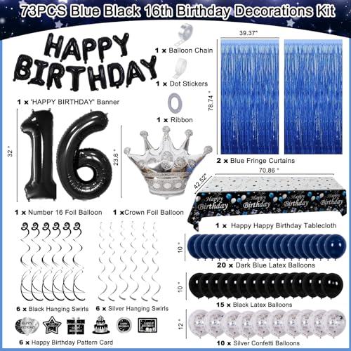 73-Piece Blue & Black 16th Birthday Decorations Kit with Foil Balloons, Tablecloth, and Fringe Curtains for Boys & Girls