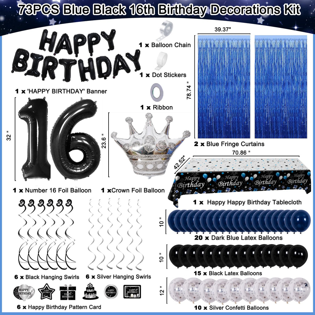 73-Piece Blue & Black 16th Birthday Decorations Kit with Foil Balloons, Tablecloth, and Fringe Curtains for Boys & Girls