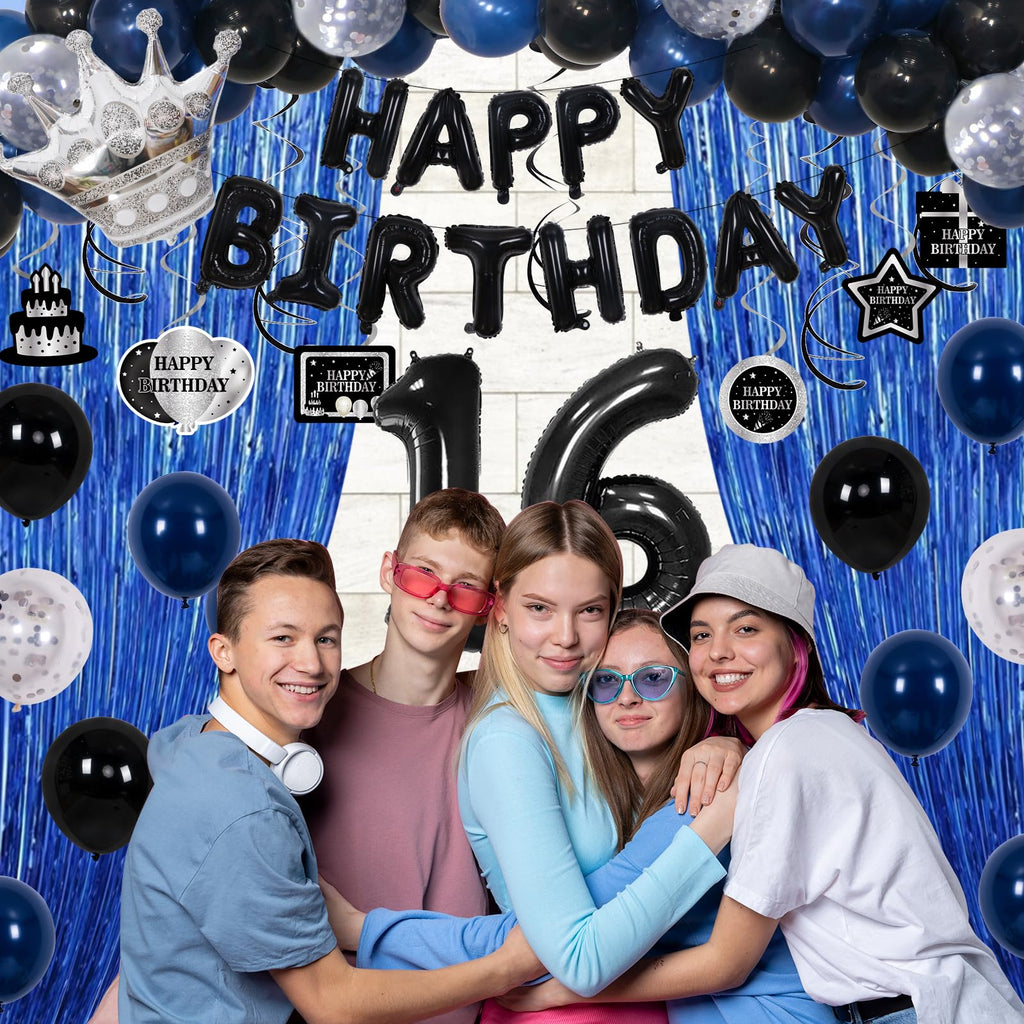 73-Piece Blue & Black 16th Birthday Decorations Kit with Foil Balloons, Tablecloth, and Fringe Curtains for Boys & Girls