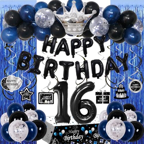 73-Piece Blue & Black 16th Birthday Decorations Kit with Foil Balloons, Tablecloth, and Fringe Curtains for Boys & Girls