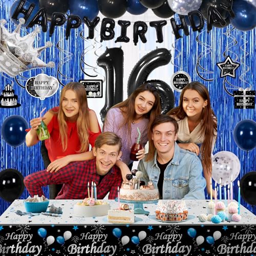 73-Piece Blue & Black 16th Birthday Decorations Kit with Foil Balloons, Tablecloth, and Fringe Curtains for Boys & Girls