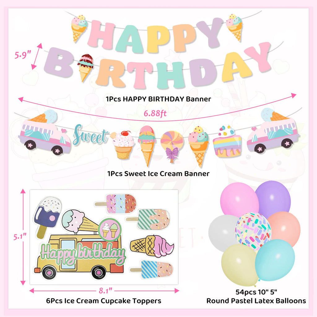 75-Piece Ice Cream Birthday Party Decorations for Girls - Pastel Balloon Garland Arch Kit with Banners & Cupcake Toppers
