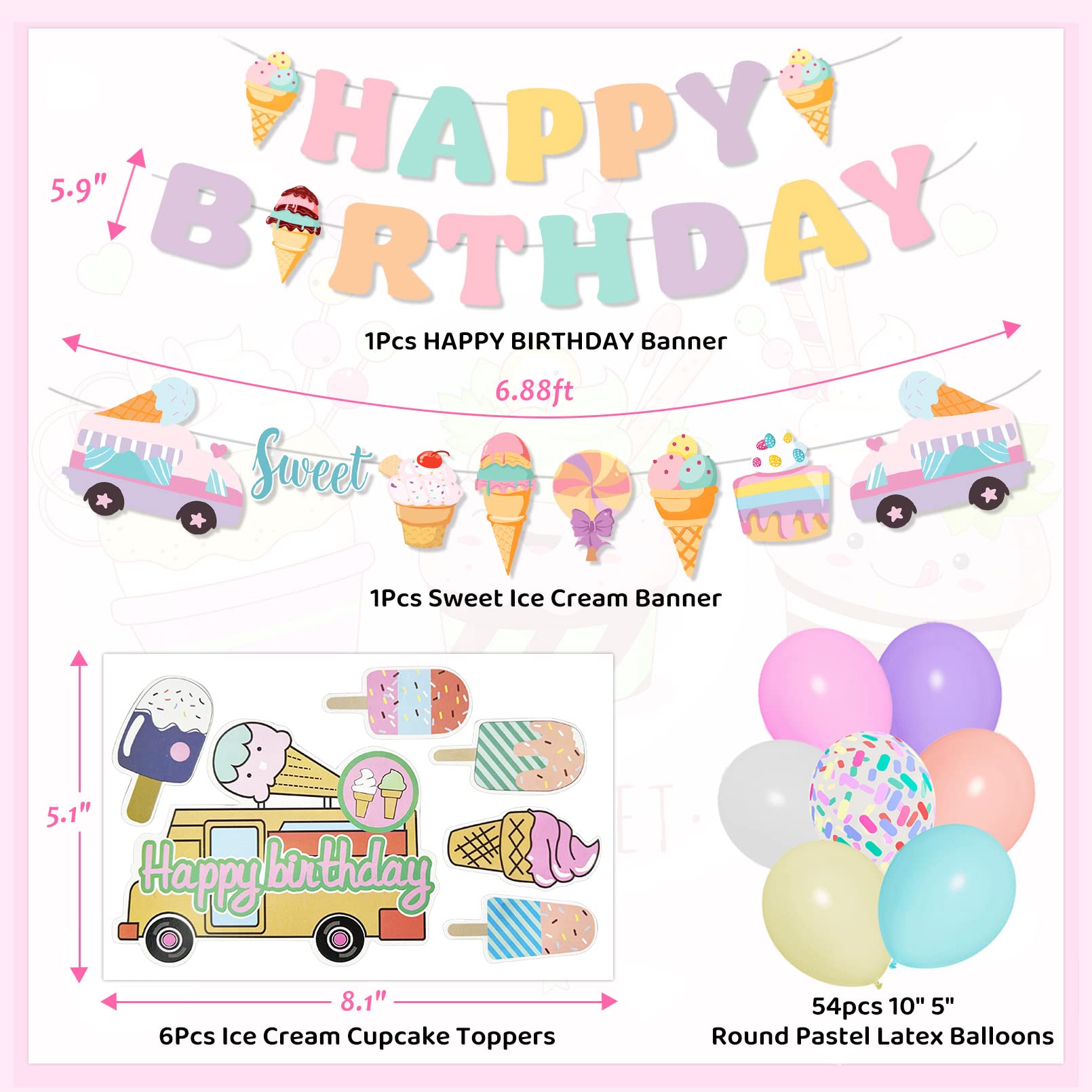 75-Piece Ice Cream Birthday Party Decorations for Girls - Pastel Balloon Garland Arch Kit with Banners & Cupcake Toppers