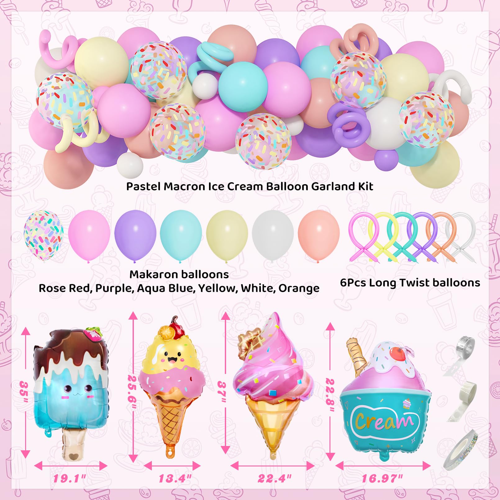 75-Piece Ice Cream Birthday Party Decorations for Girls - Pastel Balloon Garland Arch Kit with Banners & Cupcake Toppers