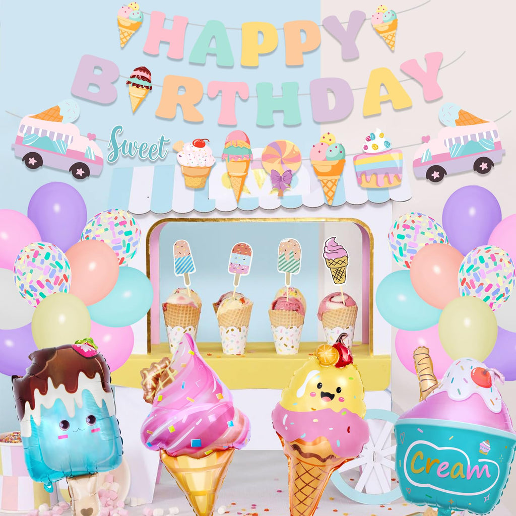 75-Piece Ice Cream Birthday Party Decorations for Girls - Pastel Balloon Garland Arch Kit with Banners & Cupcake Toppers