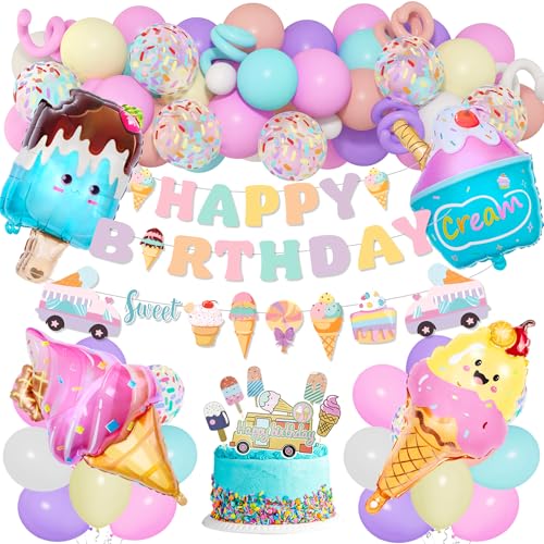 75-Piece Ice Cream Birthday Party Decorations for Girls - Pastel Balloon Garland Arch Kit with Banners & Cupcake Toppers