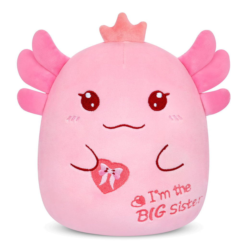 8-Inch Axolotl Plush Big Sister Gift with Pink Crown and 'I'm the Big Sister' Message
