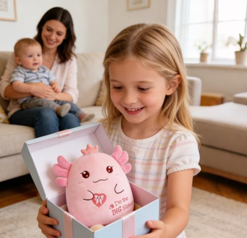 8-Inch Axolotl Plush Big Sister Gift with Pink Crown and 'I'm the Big Sister' Message