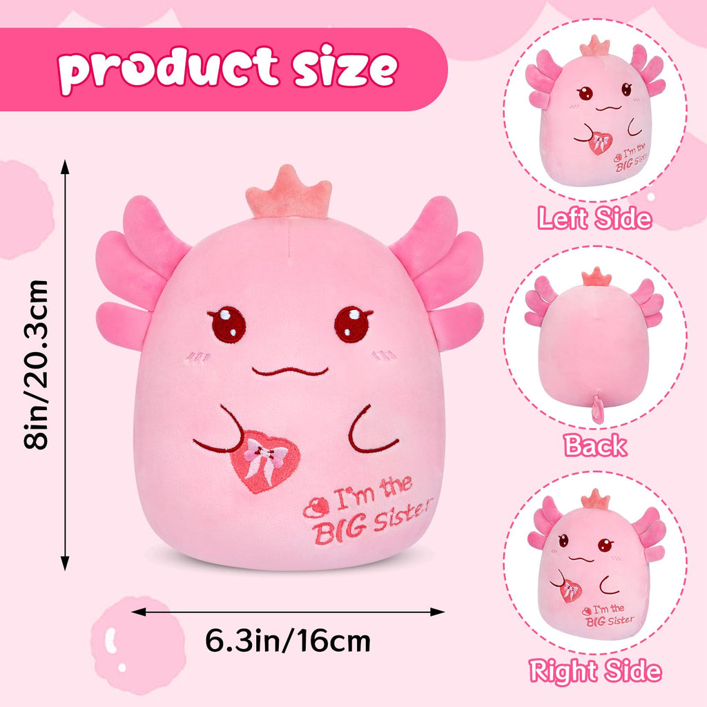 8-Inch Axolotl Plush Big Sister Gift with Pink Crown and 'I'm the Big Sister' Message