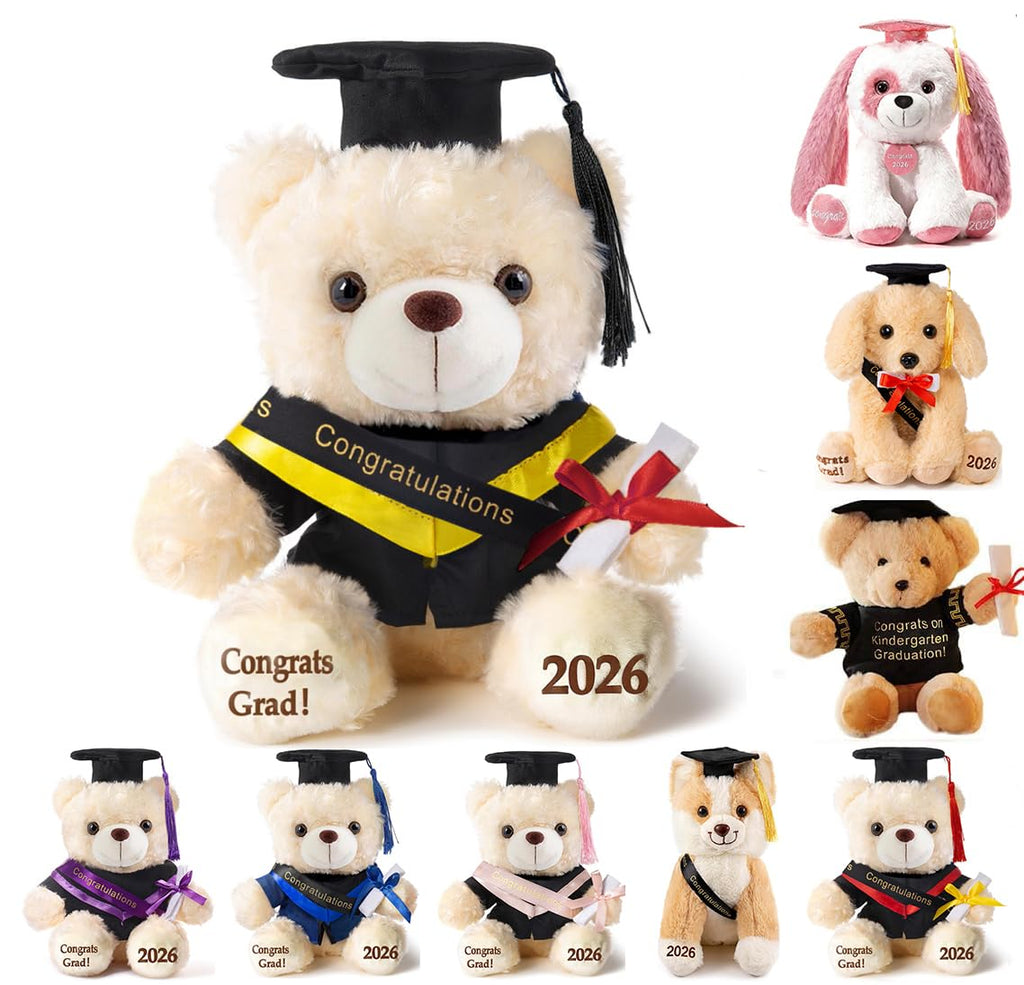 8-Inch Graduation Teddy Bear Plush with Cap and Diploma by Oukiwi (Black Attire)