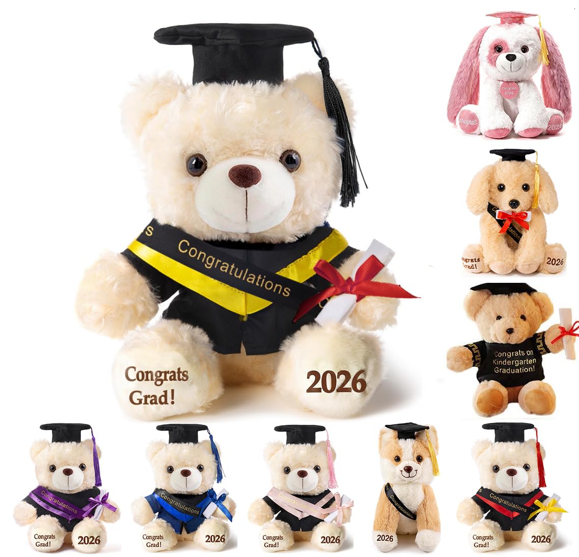 8-Inch Graduation Teddy Bear Plush with Cap and Diploma by Oukiwi (Black Attire)