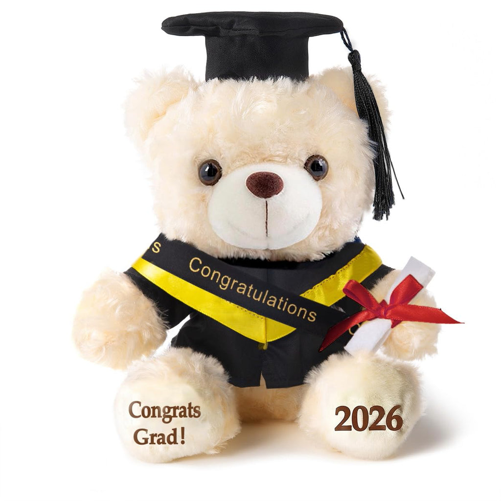 8-Inch Graduation Teddy Bear Plush with Cap and Diploma by Oukiwi (Black Attire)