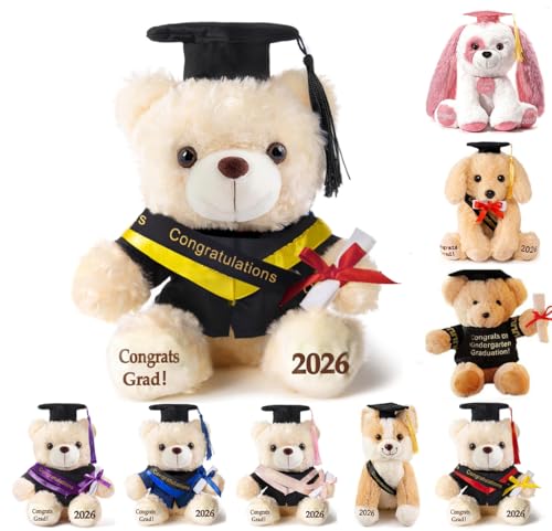 8-Inch Graduation Teddy Bear Plush with Cap and Diploma by Oukiwi (Black Attire)
