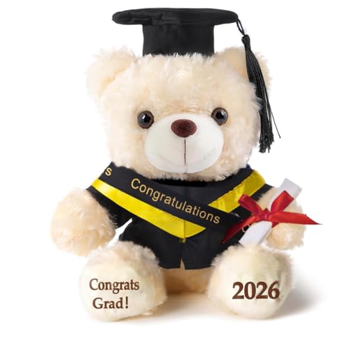 8-Inch Graduation Teddy Bear Plush with Cap and Diploma by Oukiwi (Black Attire)