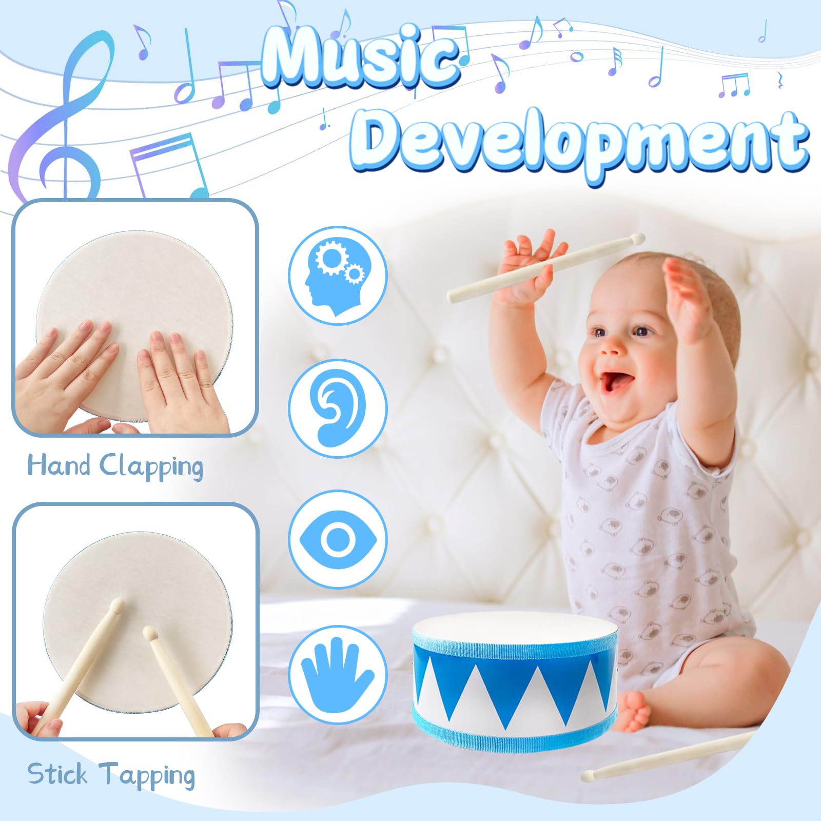 8-Inch Wooden Drum Set for Toddlers – Adjustable Strap & 2 Drumsticks, Musical Toy for Kids
