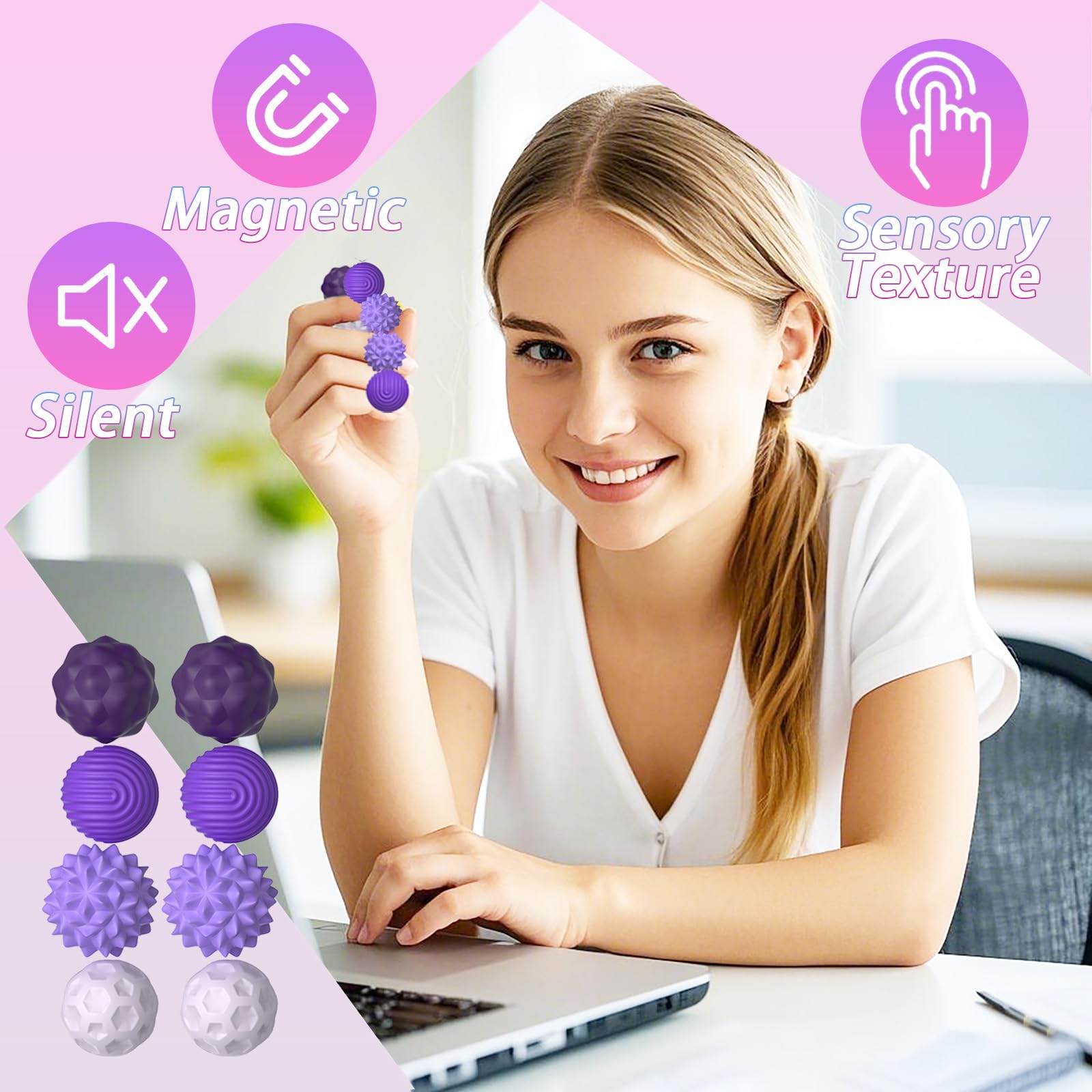 8 Pack Magnetic Fidget Balls Set - 2 Sizes, 4 Textures, Silicone Stress Relief Toys for Adults & Teens (Large 1.1 in, Small 0.8 in)