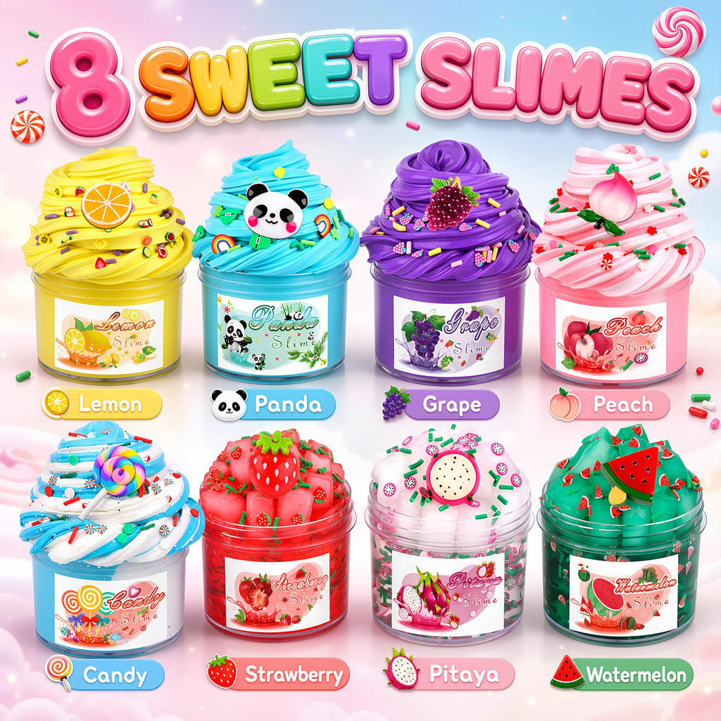 8-Pack Scented Slime Kit: 3 Clear + 5 Butter Slimes with Panda Fruit Theme, Non-Sticky Crunchy Crystal Slime - Birthday Party Favors & Stress Relief Toy for Kids