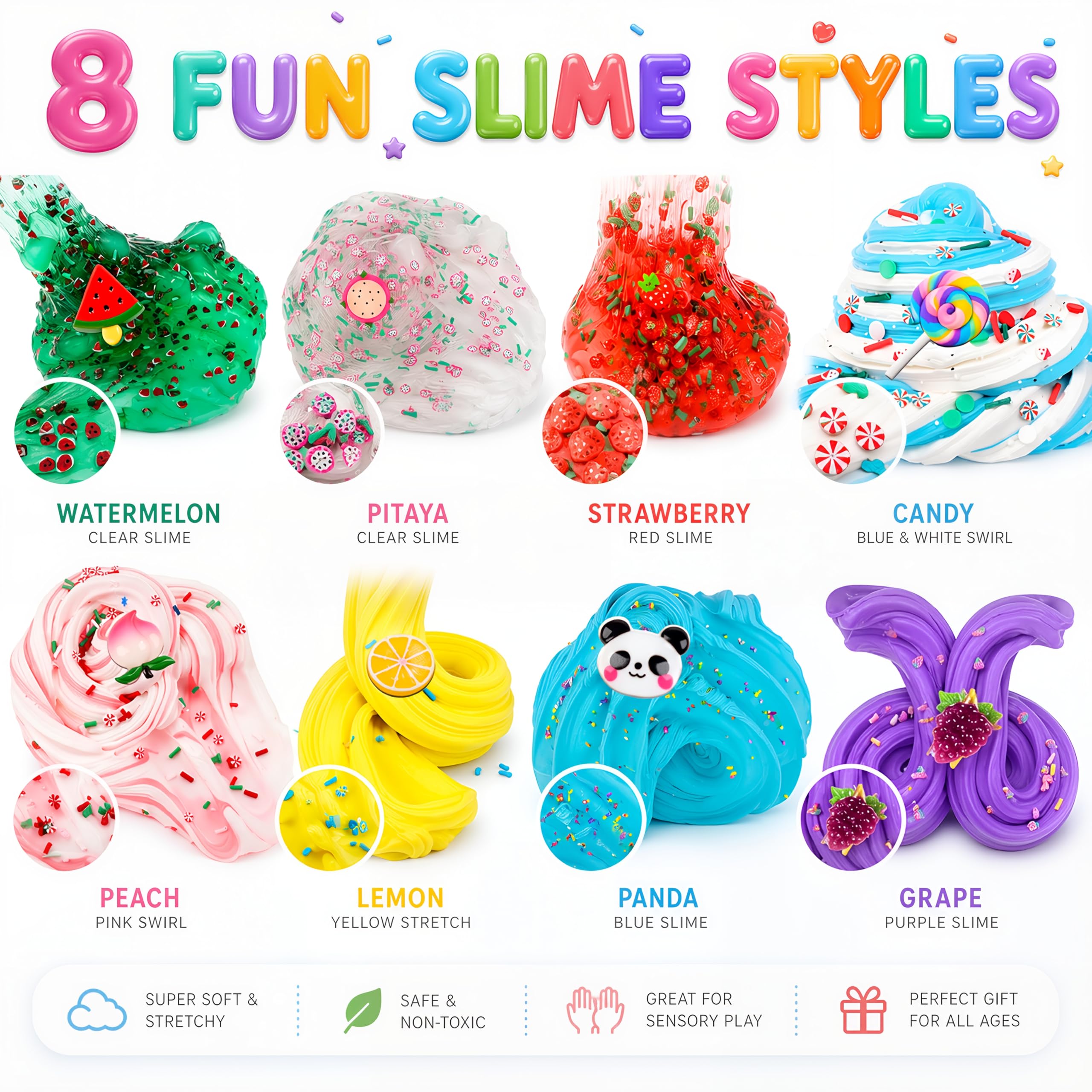 8-Pack Scented Slime Kit: 3 Clear + 5 Butter Slimes with Panda Fruit Theme, Non-Sticky Crunchy Crystal Slime - Birthday Party Favors & Stress Relief Toy for Kids