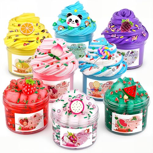 8-Pack Scented Slime Kit: 3 Clear + 5 Butter Slimes with Panda Fruit Theme, Non-Sticky Crunchy Crystal Slime - Birthday Party Favors & Stress Relief Toy for Kids