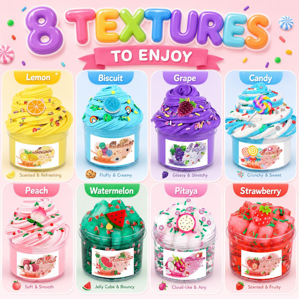 8-Pack Scented Slime Kit with Peach Butter and Clear Slime, Non-Sticky, Includes Charms – Gift for Kids