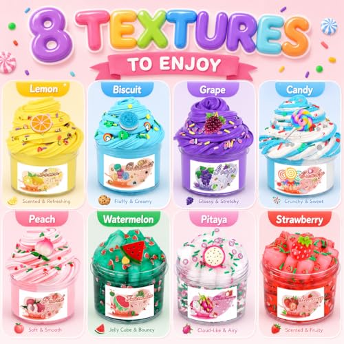 8-Pack Scented Slime Kit with Peach Butter and Clear Slime, Non-Sticky, Includes Charms – Gift for Kids
