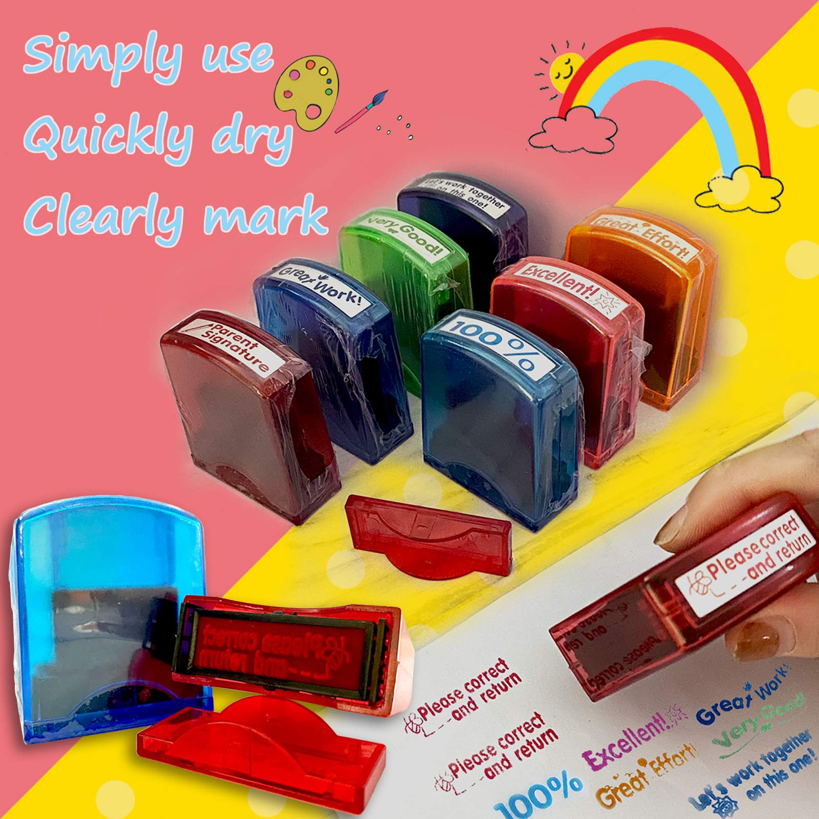 8-Pack Self-Inking Teacher Stamps - Motivational Messages & Parents Signature - Colorful Classroom Supplies by Bertiveny