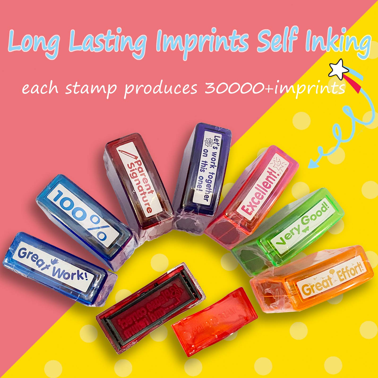 8-Pack Self-Inking Teacher Stamps - Motivational Messages & Parents Signature - Colorful Classroom Supplies by Bertiveny