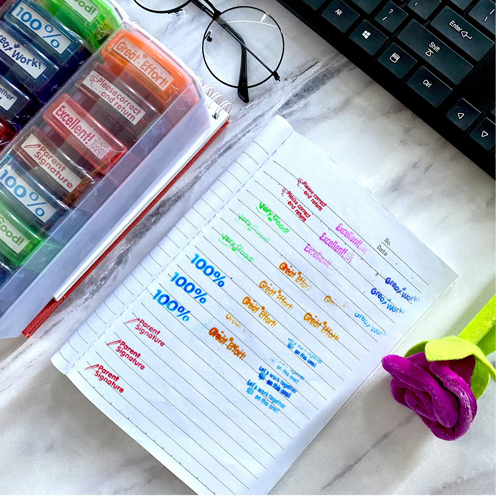 8-Pack Self-Inking Teacher Stamps - Motivational Messages & Parents Signature - Colorful Classroom Supplies by Bertiveny