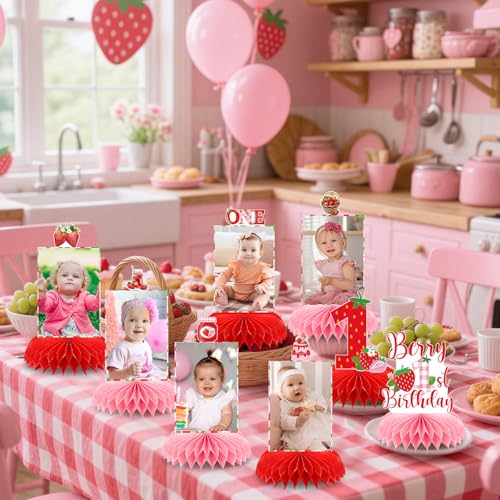 8-Piece Strawberry First Birthday Honeycomb Centerpiece Set - Pink & Red Photo Table Decor for Baby Girl's 1st Party