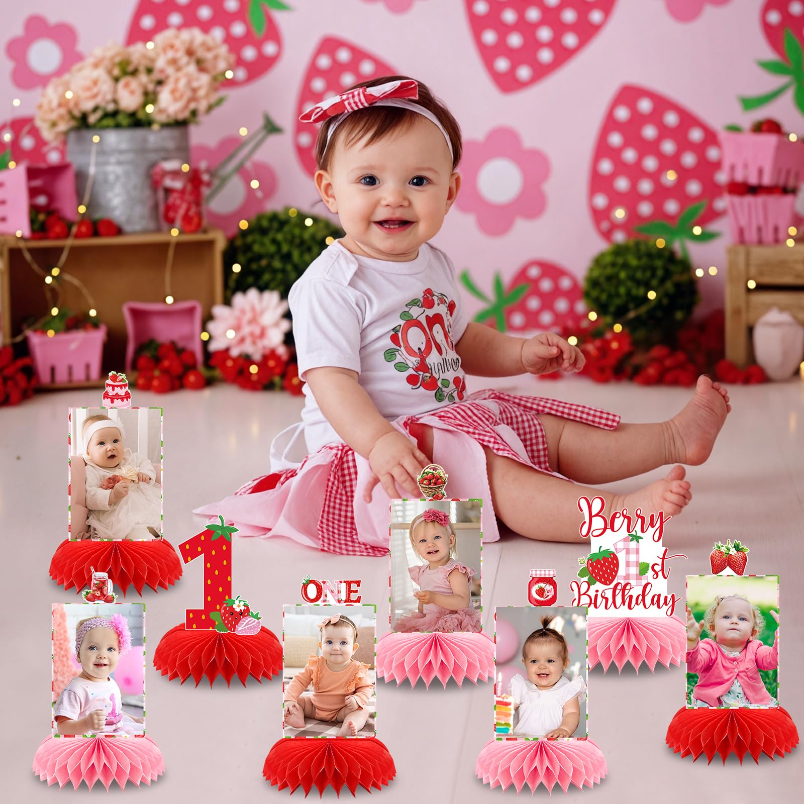8-Piece Strawberry First Birthday Honeycomb Centerpiece Set - Pink & Red Photo Table Decor for Baby Girl's 1st Party
