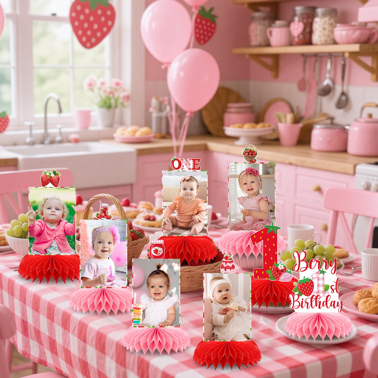 8-Piece Strawberry First Birthday Honeycomb Centerpiece Set - Pink & Red Photo Table Decor for Baby Girl's 1st Party