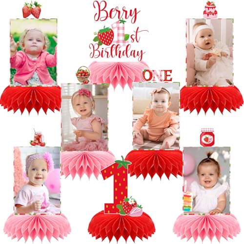 8-Piece Strawberry First Birthday Honeycomb Centerpiece Set - Pink & Red Photo Table Decor for Baby Girl's 1st Party