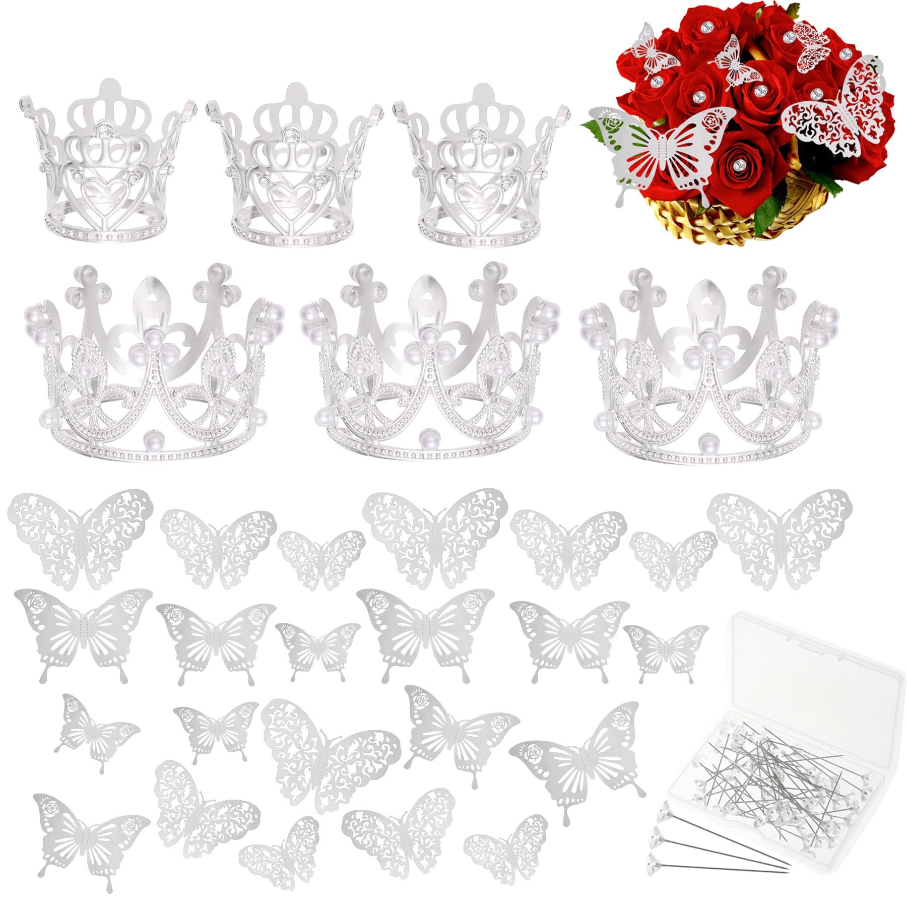 80-Piece Silver Crown, Butterfly & Flower Pin Set for Bouquets and Cake Toppers