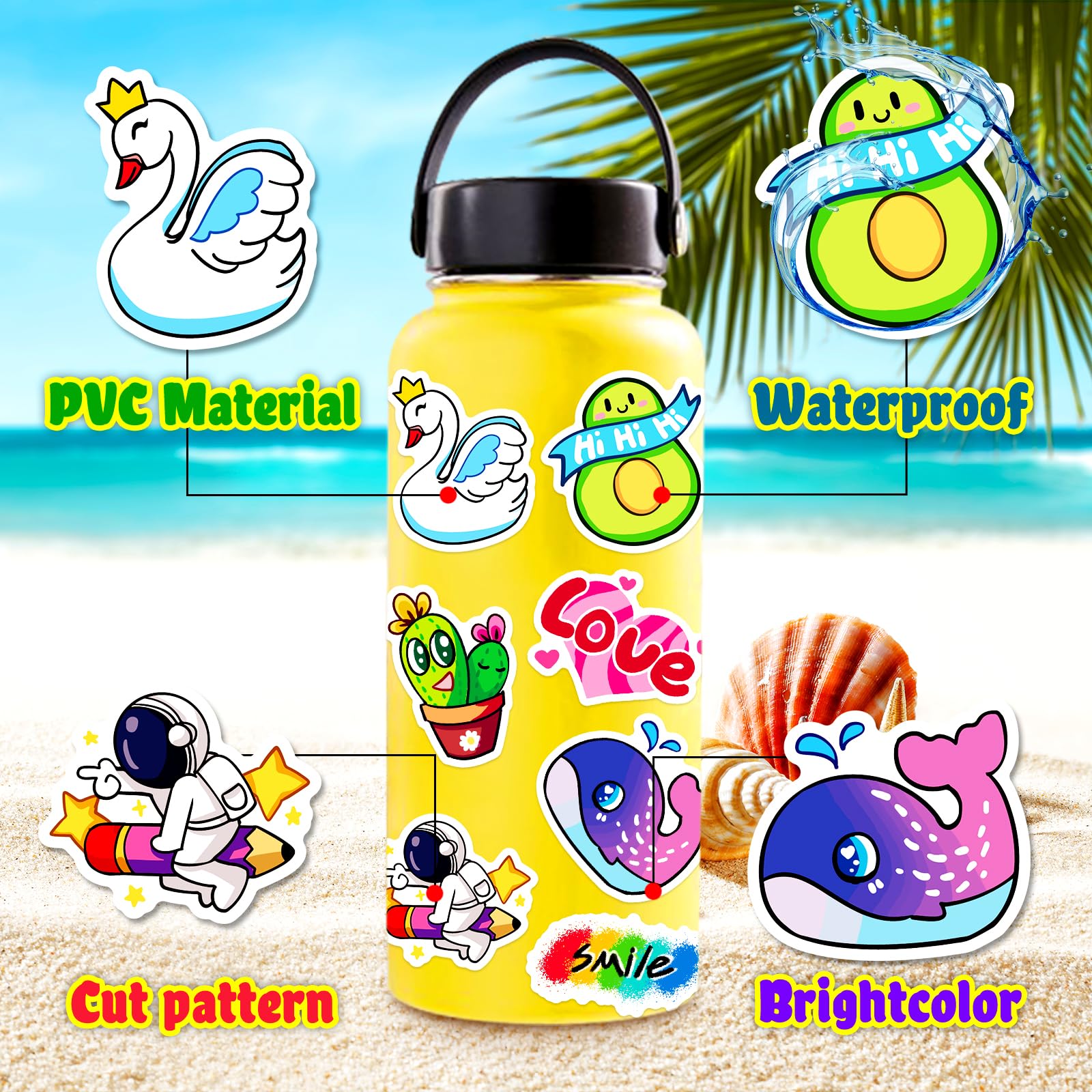 800-Piece Vinyl Water Bottle Stickers – Colorful, Waterproof, and Reusable for Kids & Adults