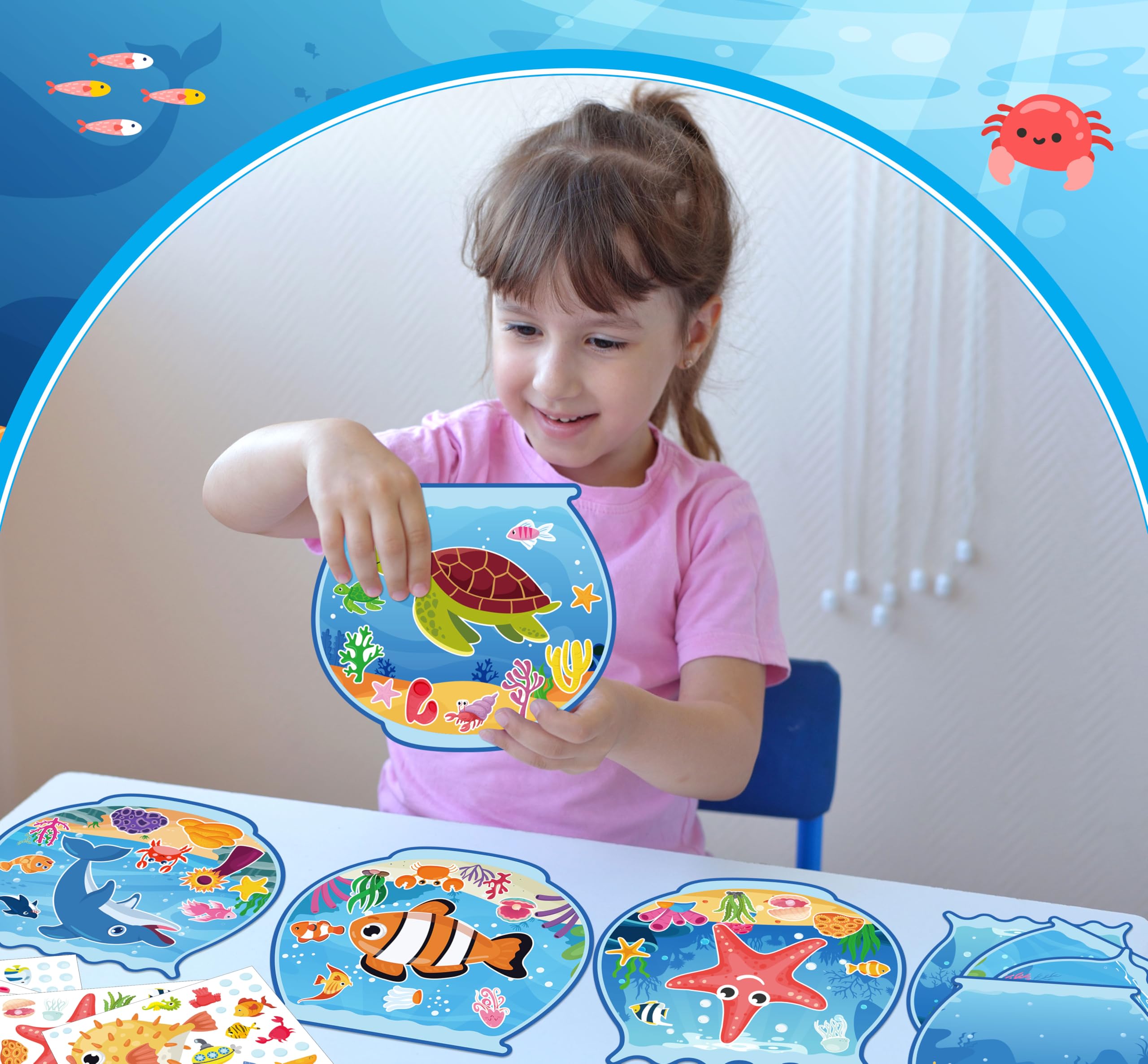 80UncleKimby Summer Activities: Ocean Animal Sticker Craft Kit – 32 Fishbowl Backgrounds & Sticker Sheets