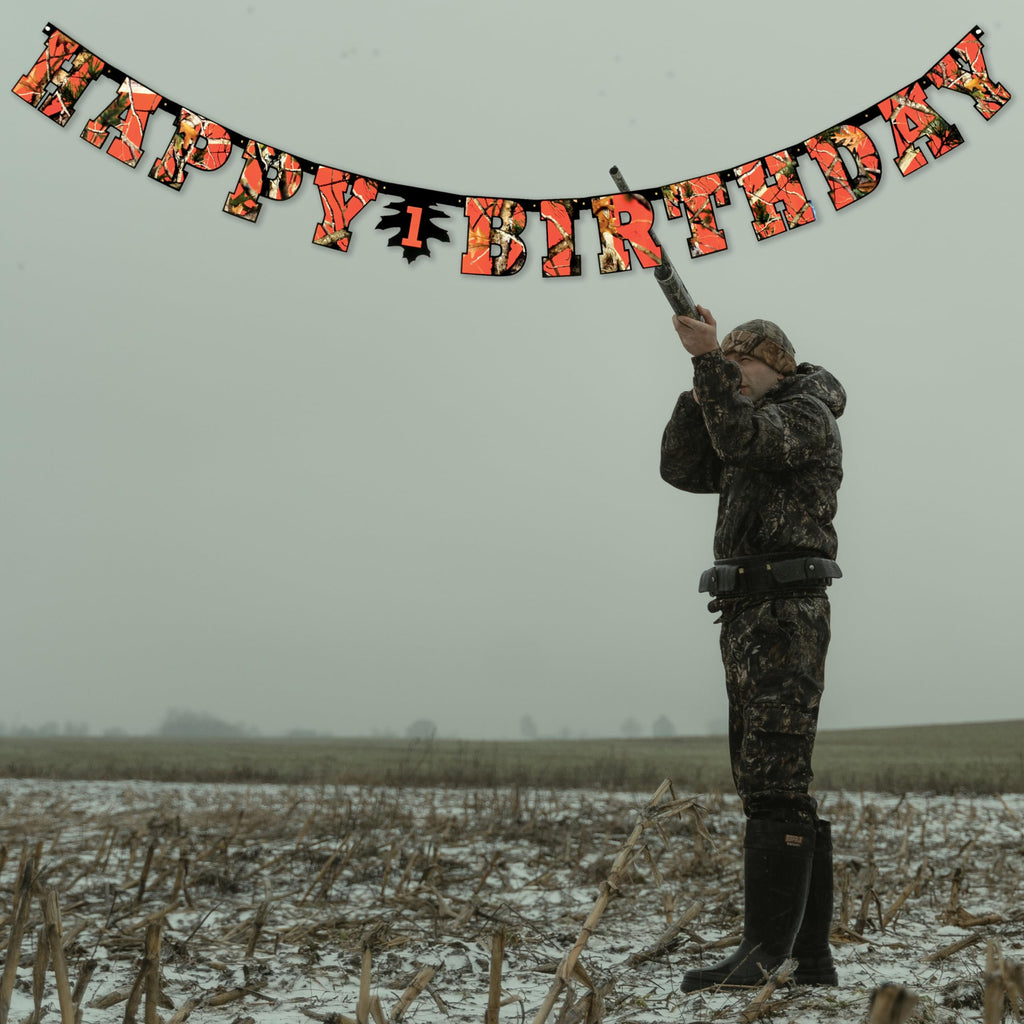 Havercamp Orange Camo Happy Birthday Banner – Camouflage Party Decor for Hunters & Nature Themes