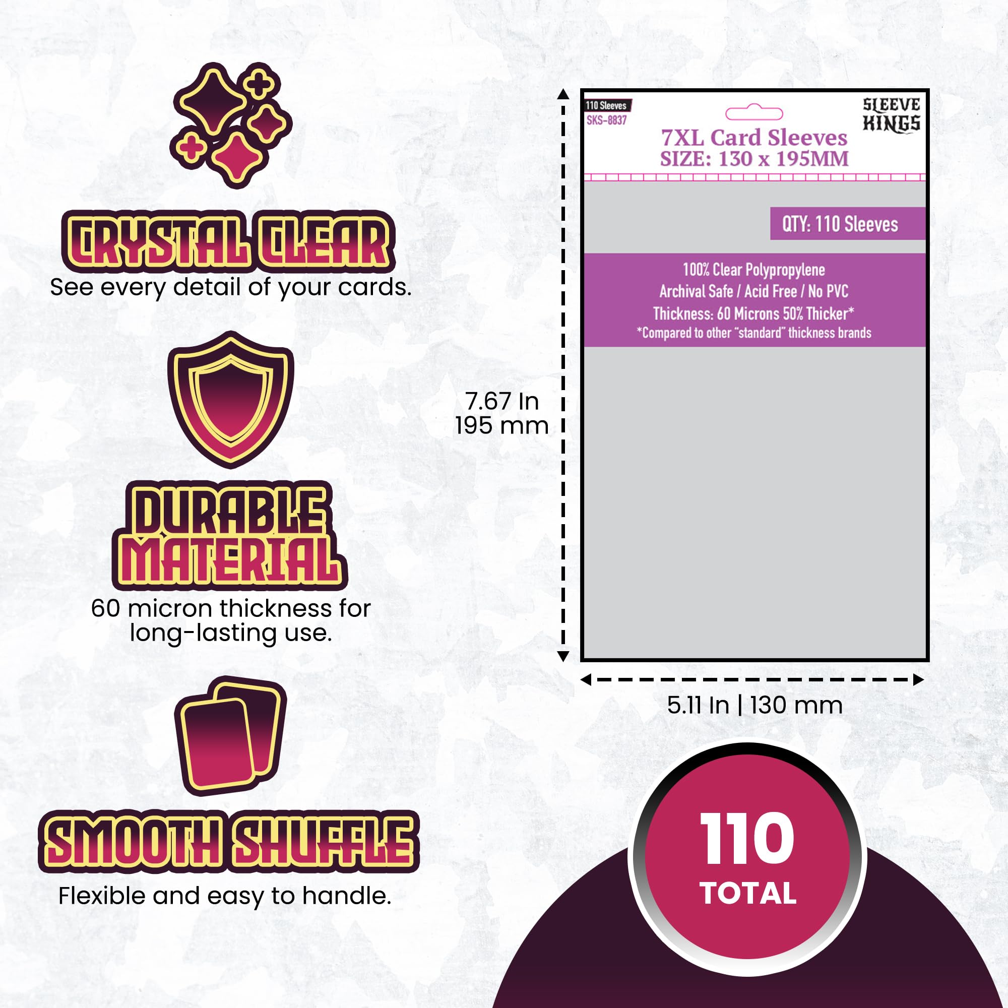 Sleeve Kings XXL Clear Card Sleeves (130x195mm) – 110 Pack for Dune & Oversized Games – 60 Micron Archival-Safe Protection