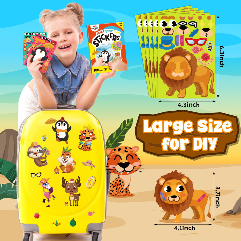 sinceroduct 100 Sheets Make a Face Stickers for Kids - 20 Animal Designs, Waterproof & Reusable DIY Stickers
