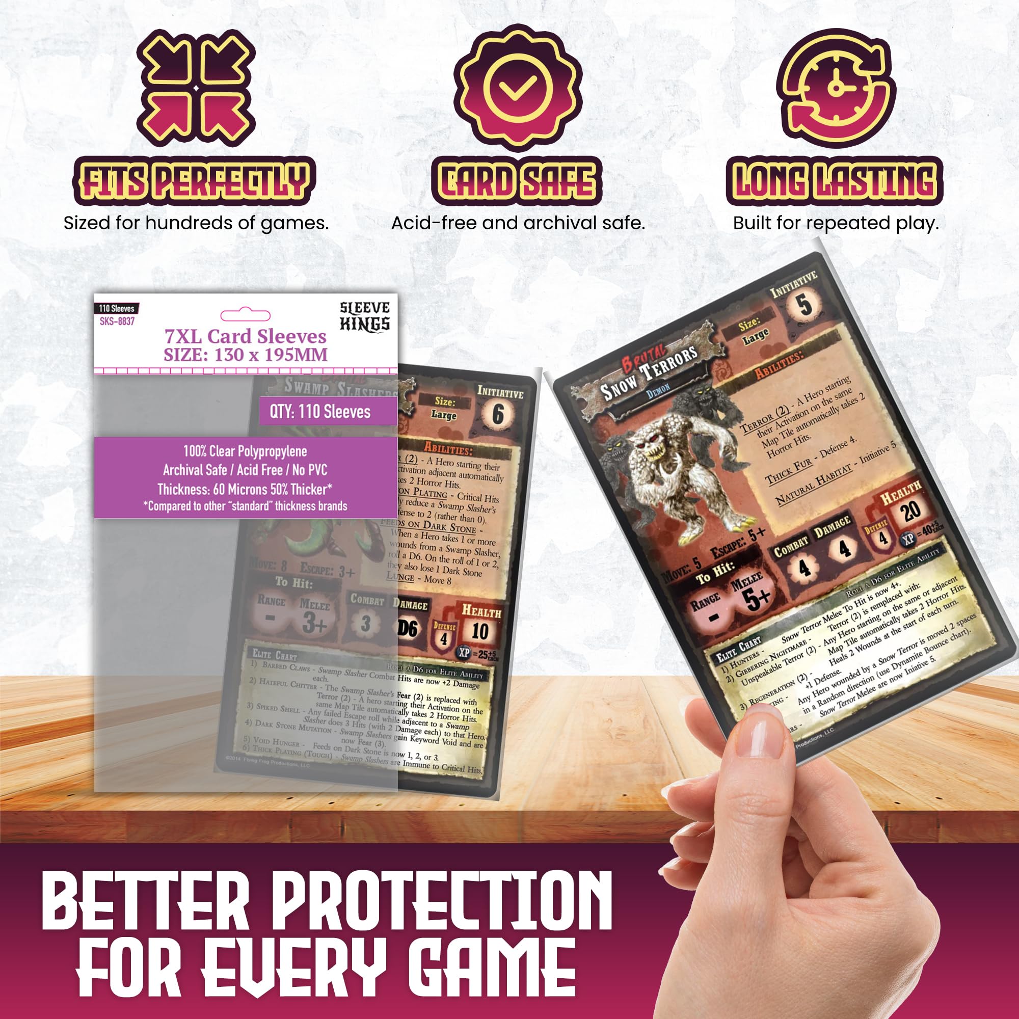 Sleeve Kings XXL Clear Card Sleeves (130x195mm) – 110 Pack for Dune & Oversized Games – 60 Micron Archival-Safe Protection