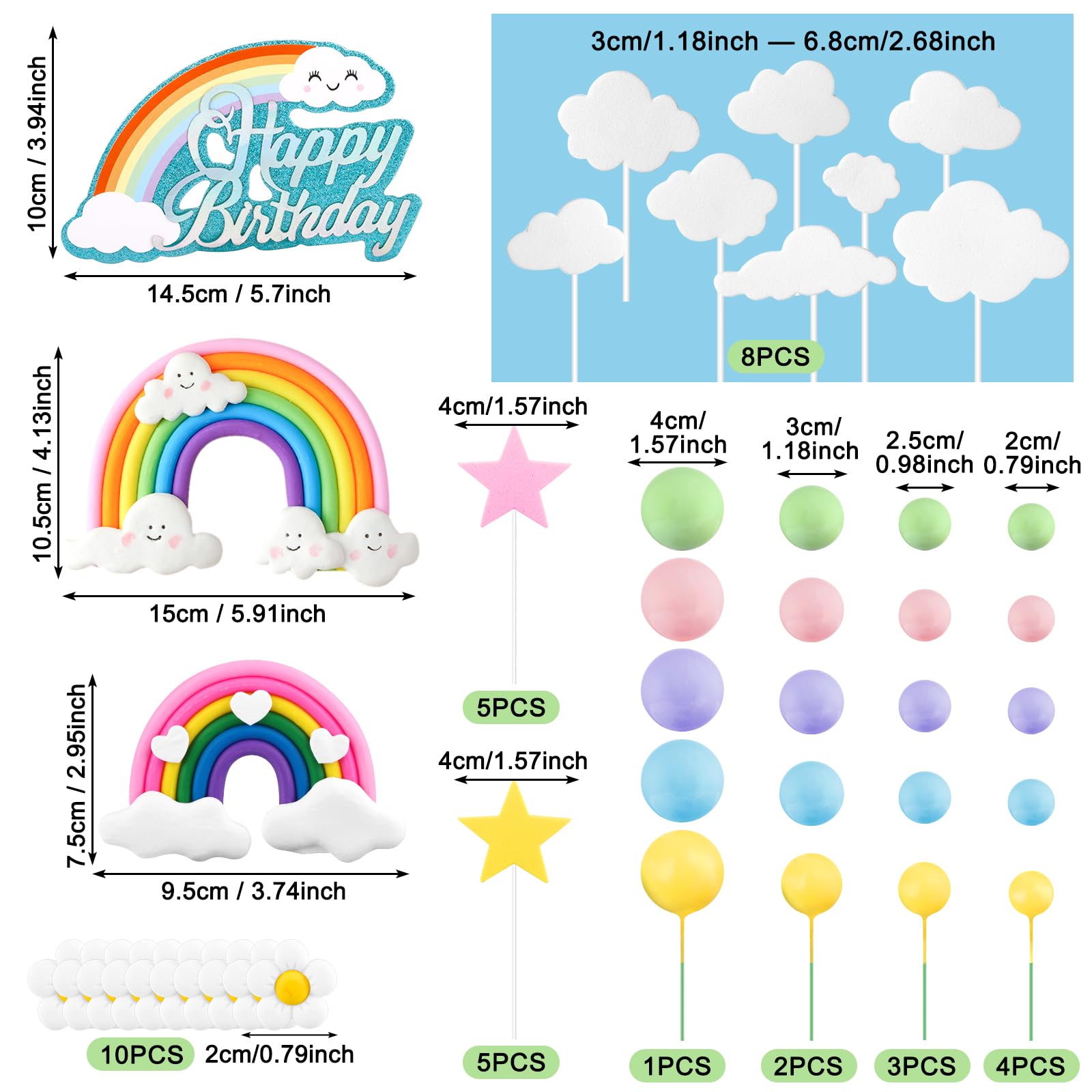 82-Piece Boho Rainbow Cake Topper Set with Flowers, Balls, and Stars – Draupnir