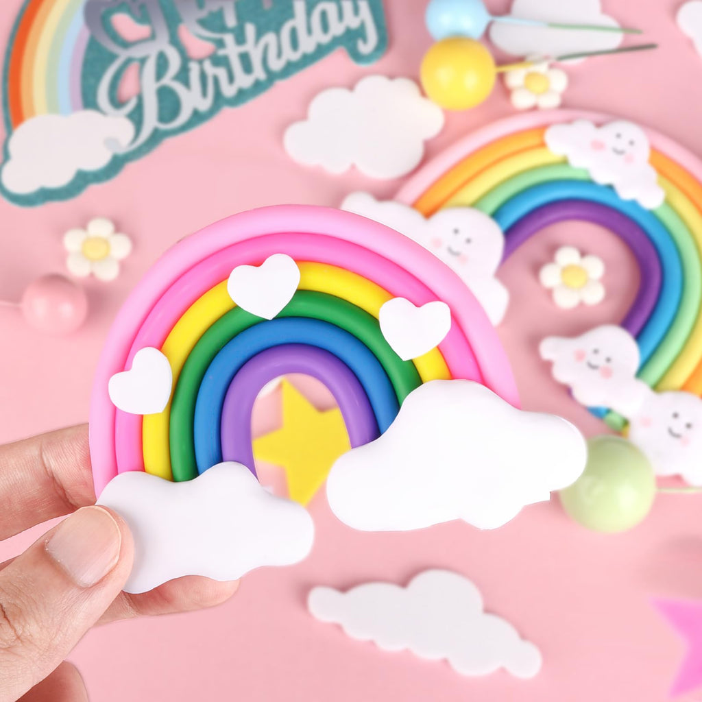 82-Piece Boho Rainbow Cake Topper Set with Flowers, Balls, and Stars – Draupnir