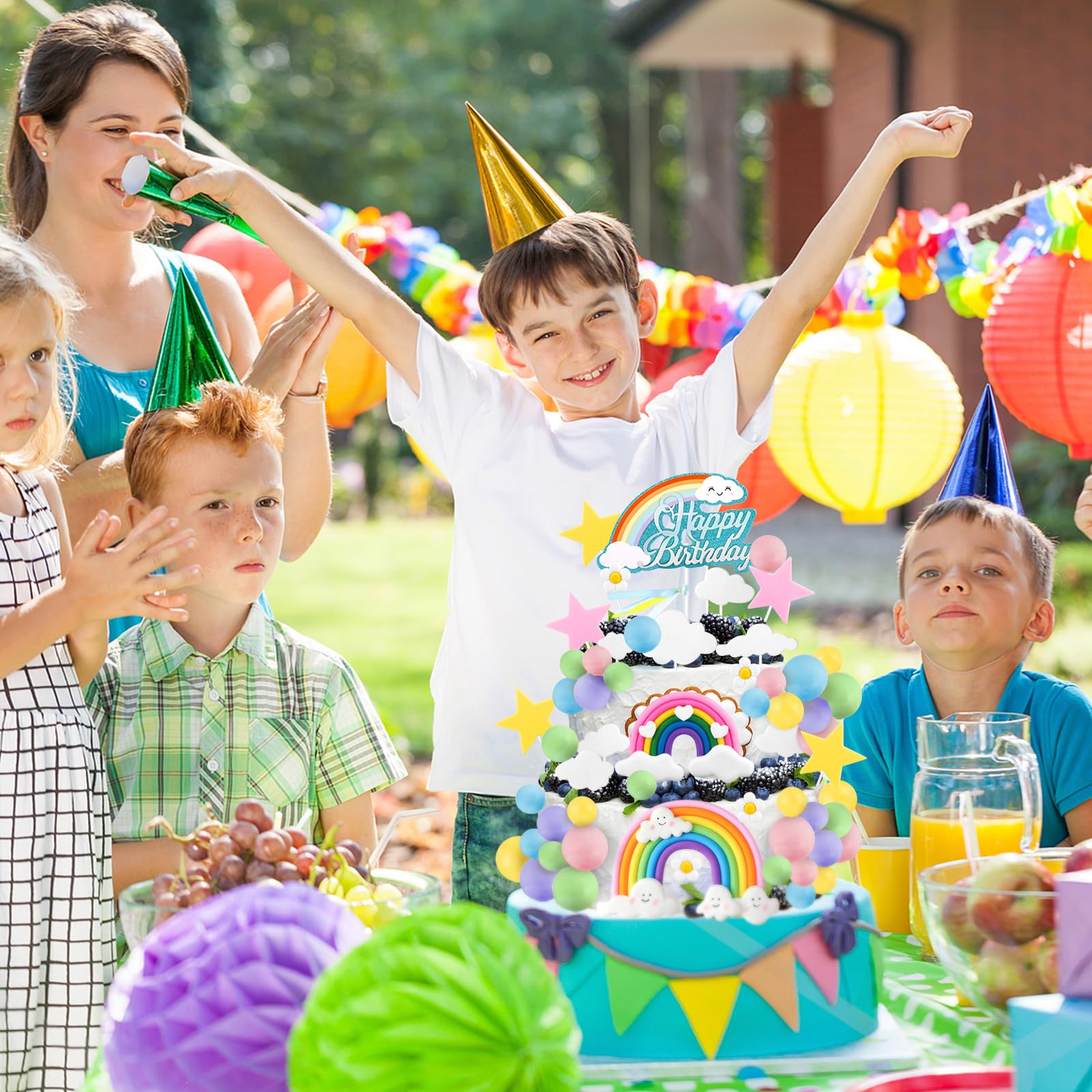 82-Piece Boho Rainbow Cake Topper Set with Flowers, Balls, and Stars – Draupnir