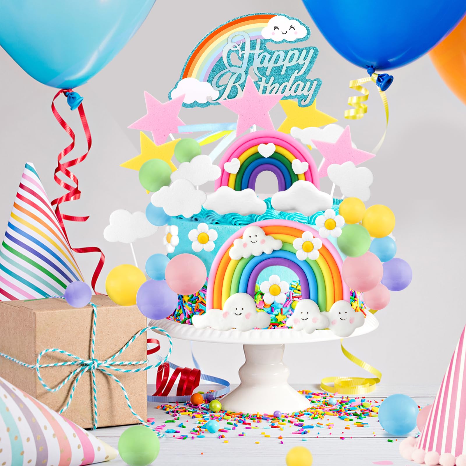 82-Piece Boho Rainbow Cake Topper Set with Flowers, Balls, and Stars – Draupnir